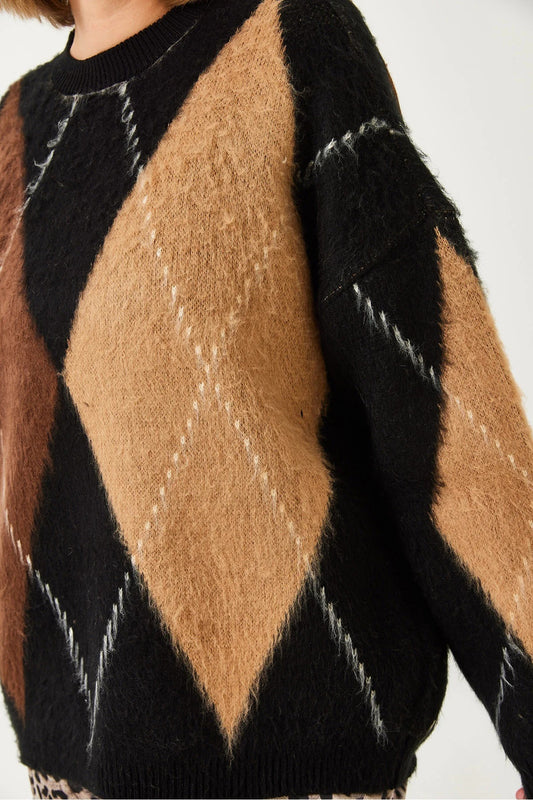Női pulóver – camel – fekete camel